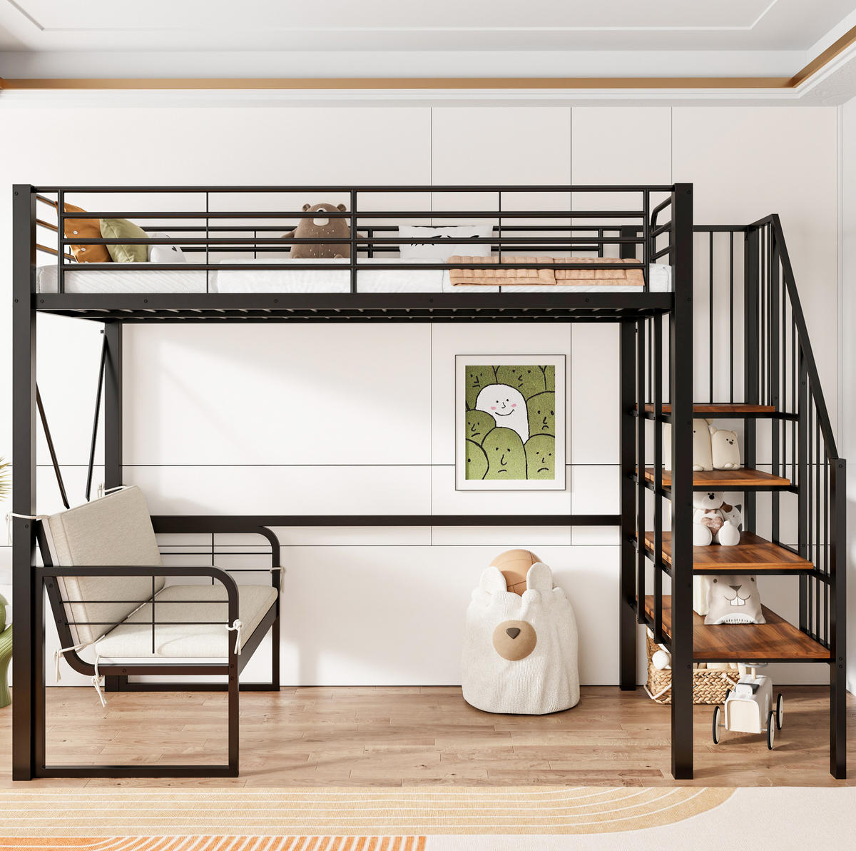 HOCHBETT 90/200 cm aus Metall und MDF mit Stauraumtreppe und abnehmbarem Polstersofa Schwarz - Schwarz, Metall (90/200cm) - Modenvie
