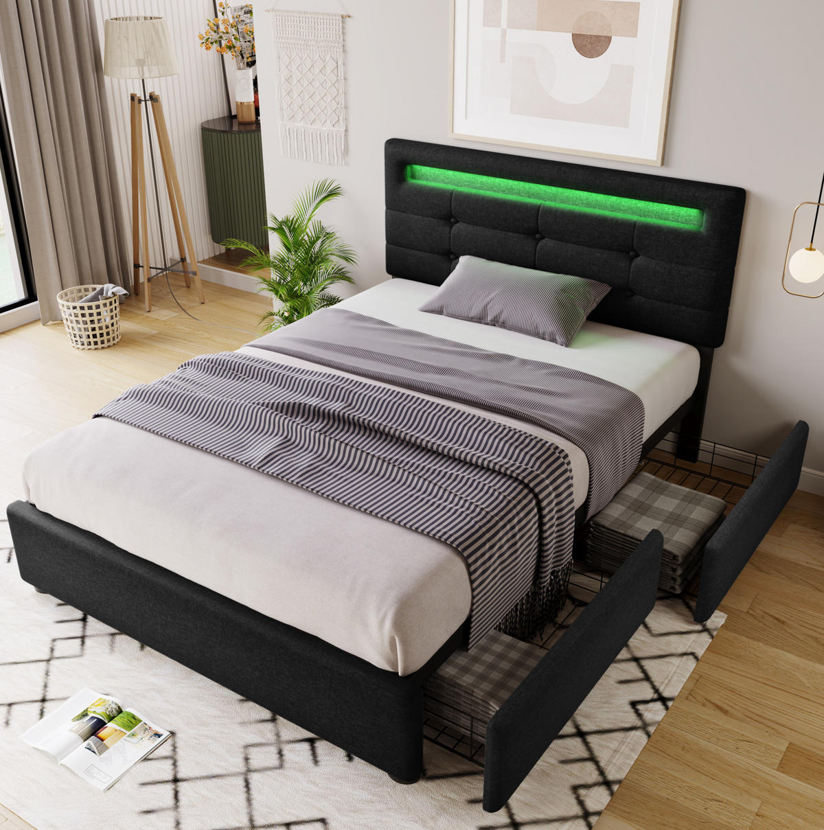 TAPECIRANI krevet 90/200 cm crni od lana s LED uzglavljem i 2 ladice - crna, tekstil (90/200cm) - OKWISH