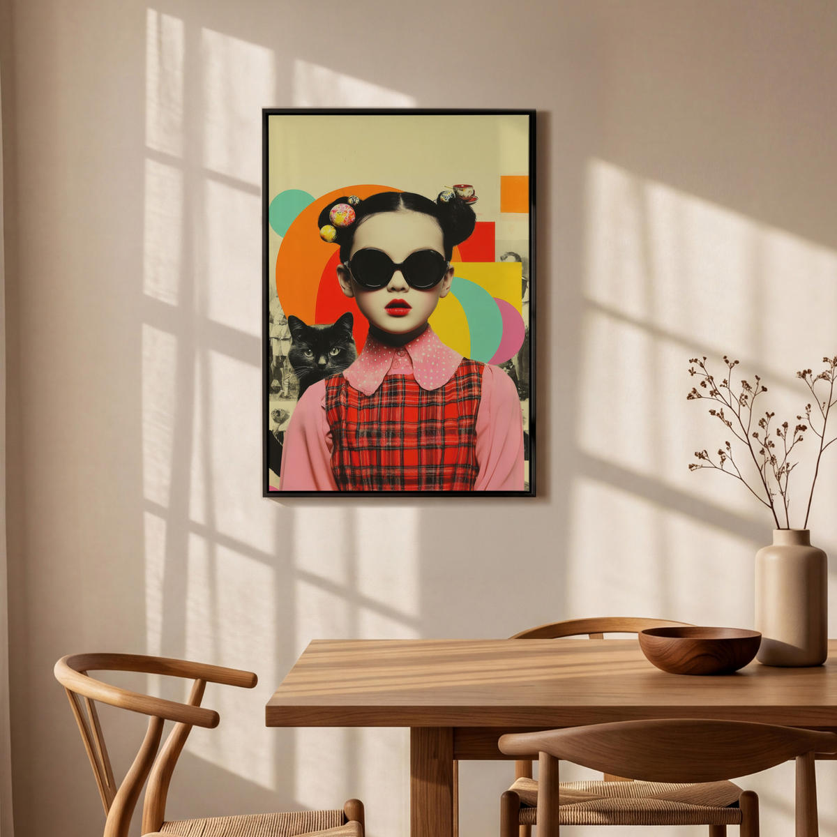 LEINWAND Bilder mit Rahmen - Mädchen - Sonnenbrille - Katze - Retro - 60x90 - Beige, Textil (60/90cm) - MuchoWow