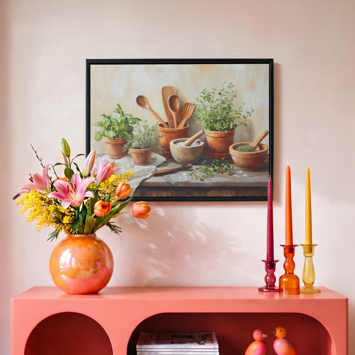 LEINWAND Bilder mit Rahmen - Töpfe - Kräuter - Holz - 40x30 - Terracotta, Textil (40/30cm) - MuchoWow