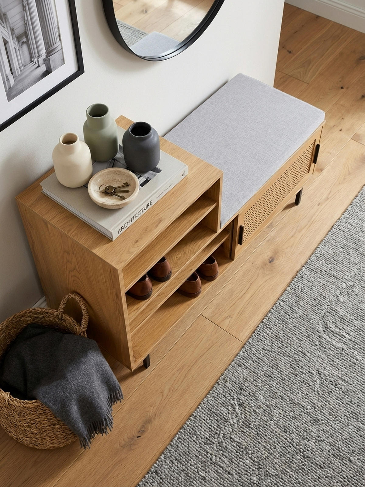 SCHUHBANK – Eiche-Dekor, 120x75,5x40 cm, Rattan-Elemente, Sitzbank gepolstert - Schwarz/Braun, Textil/Metall (120/76/40cm) - KADIMA DESIGN