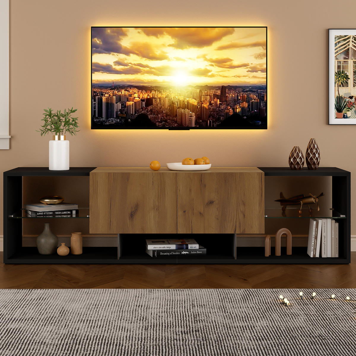 LOWBOARD Modellname Schwarz und Naturfarben 160/40/42 cm - Schwarz, Holz (160/42/40cm) - PANGIVO