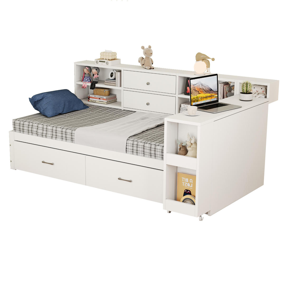 BETT 90/200 mit Stauraum, Schubladen, USB und ausziehbarem Schreibtisch in Weiß - Weiß, Holzwerkstoff (90/200cm) - EVRYAE
