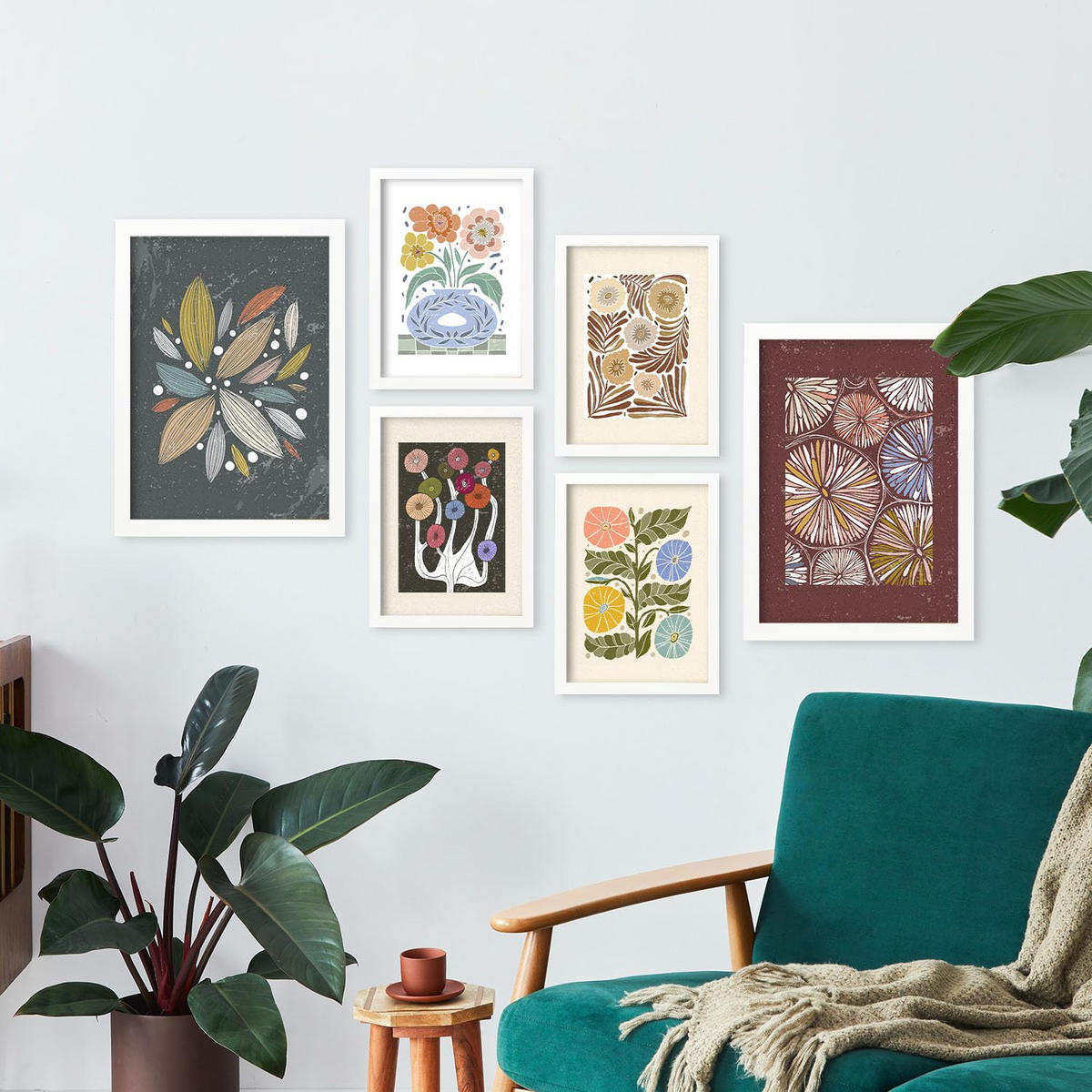 POSTER Set Mit 6 Drucken Von Blumen Im Ethnischen Drucke Sammlung Ästhetische Dekorative Rahmen Für Ihr Zuhause Wandkunstdruck A3 & A4 Weißer Rahmen - Weiß, Papier (29/3cm) - Nacnic