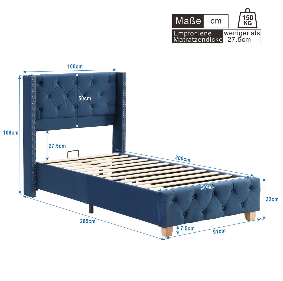 POLNJENA postelja iz žameta 90x200 cm modra s čvrstim letvenim dnom, gumbastim oblazinjenjem in kovinskimi zakovicami - modra, tekstil (90/200cm) - Modfu