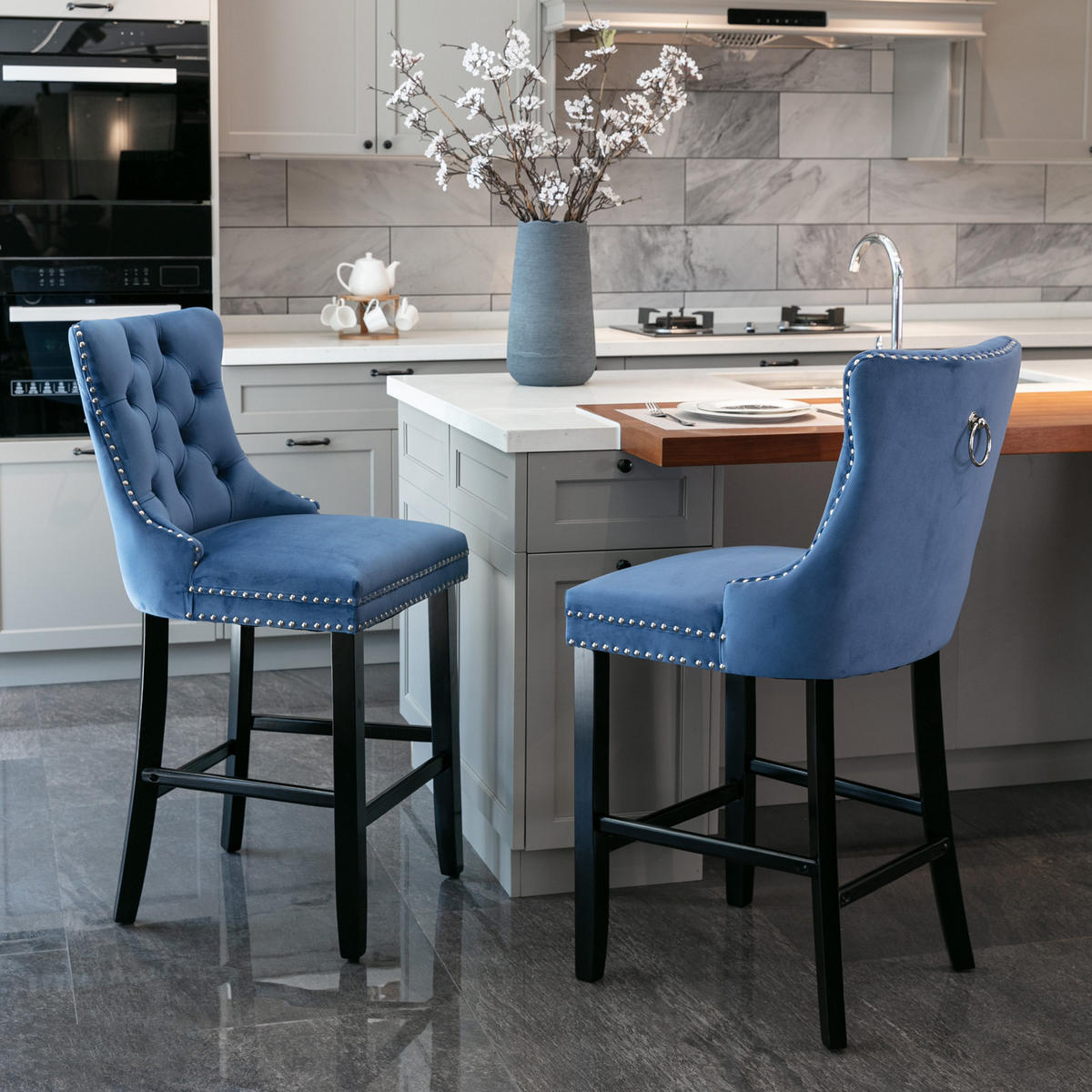 BARHOCKER 2er-Set Blau mit Samtbezug und Rückenlehne - Blau, Textil (65/95/50cm) - PANGIVO
