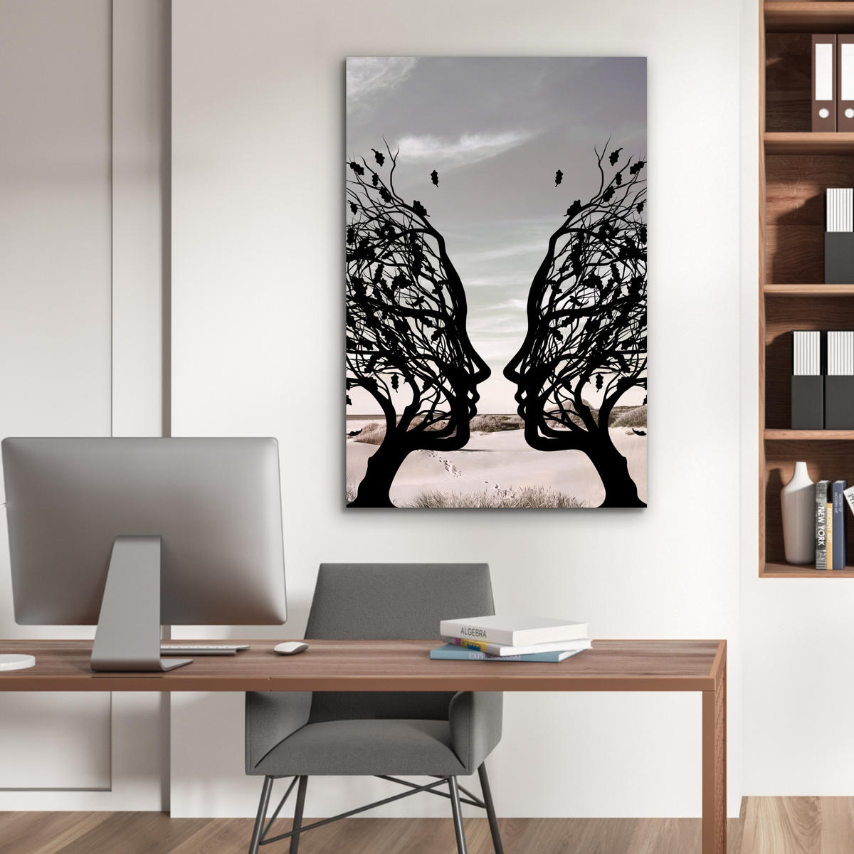 METALLBILD Strand - Meer - Menschen - Baum - Moderne Kunst 60x90 cm - Hellgrau, Metall (60/90cm) - MuchoWow