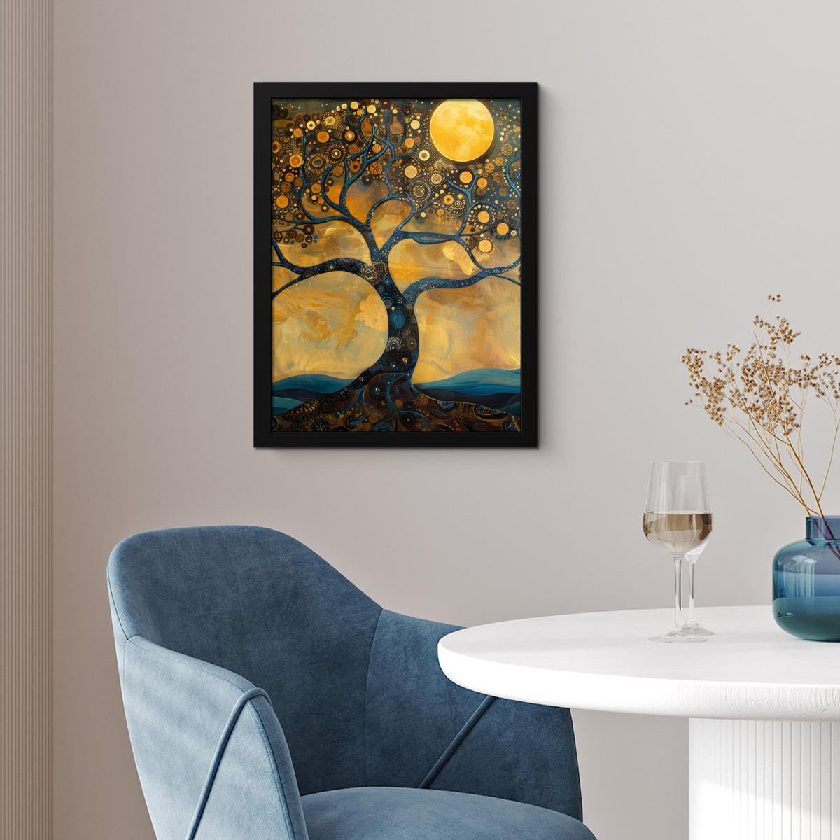 GERAHMTES BILD Baum - Mond - Blumen - Gold - Kunst 30x40 cm - Orange, Papier (30/40cm) - MuchoWow