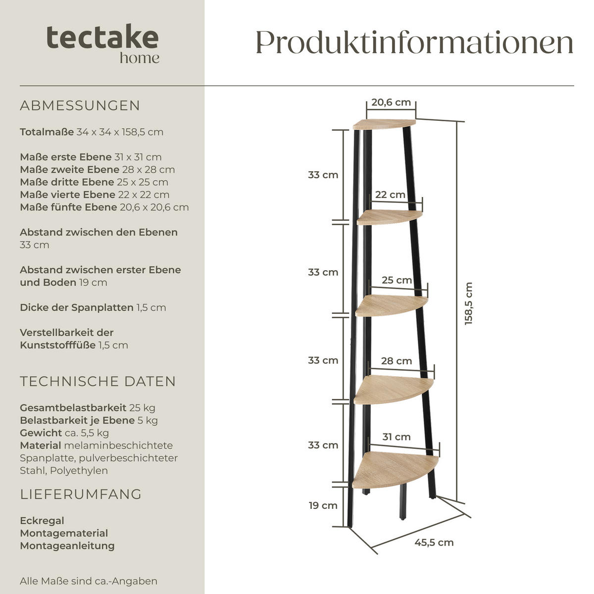 ECKREGAL Portland ,inklusive Kippschutz, 34 x 34 x 158,5 cm,Industrial Holz hell, Eiche Sonoma - Naturfarben, Holzwerkstoff (34/158.5/34cm) - tectake
