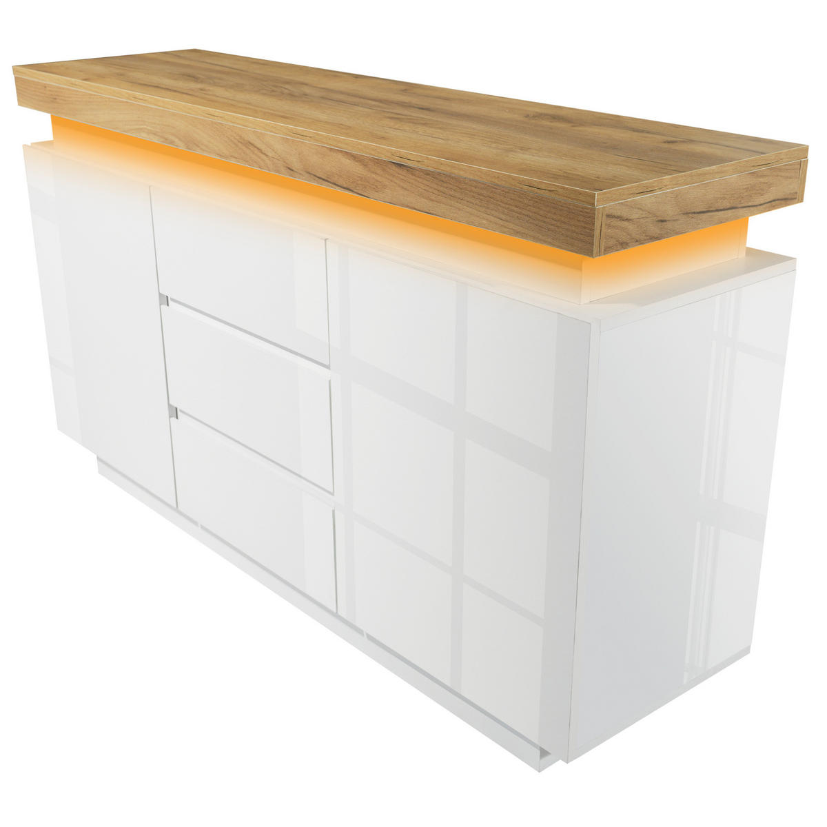 KOMMODE aus Spanplatte und MDF 39x140x81 cm Weiß mit LED-Beleuchtung, 2 Türen, 3 Schubladen und verstellbaren Einlegeböden - Weiß, Holzwerkstoff (140/81/39cm) - Modfu