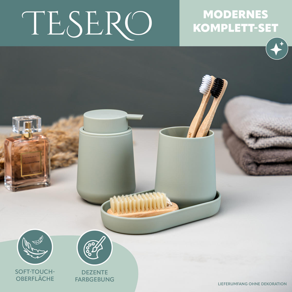 BAD-ACCESSOIRES-SET TESERO 3tlg., Soft-Touch, salbei - Salbeigrün, Kunststoff (18.5/13.5/10cm) - eluno