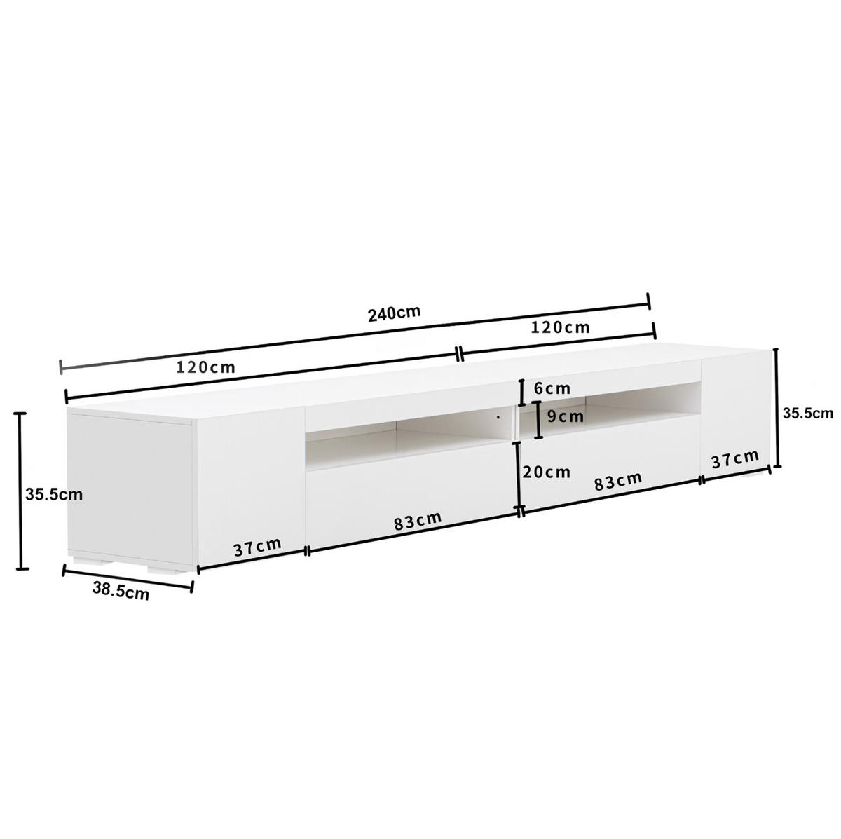 LOWBOARD 240/35.5/38.5 cm Weiß aus MDF mit LED-Beleuchtung - Weiß, Holzwerkstoff (38.5/35.5/240cm) - OKMYHOME