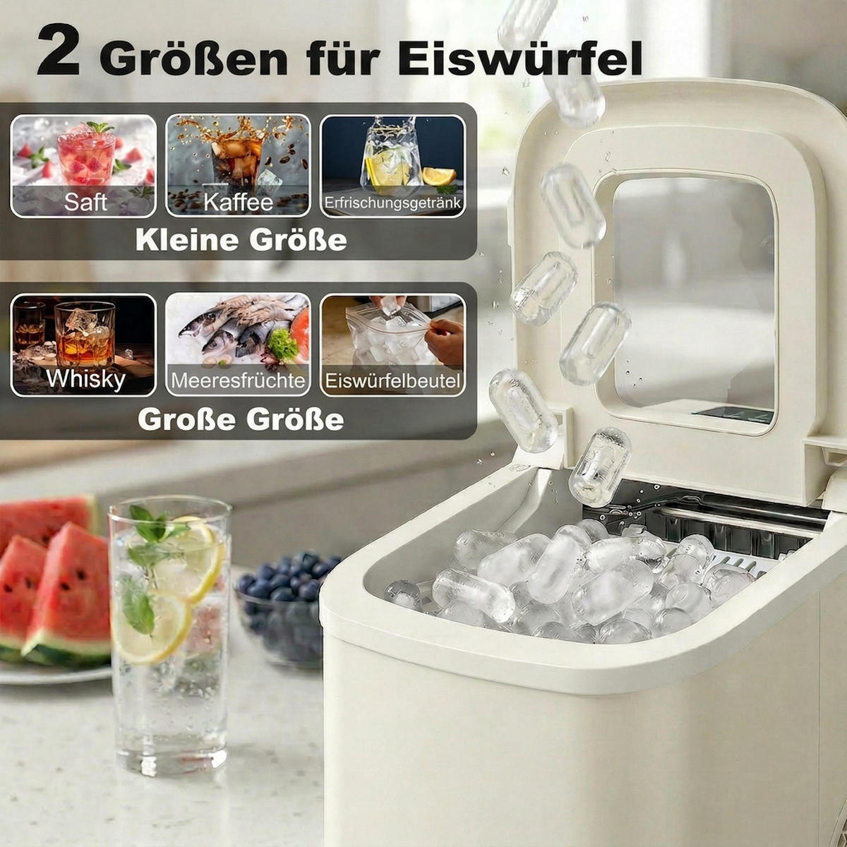 EISWÜRFELMASCHINE 12kg/24h, 1,2 L Wassertank Kältemittel R600a - Beige, Kunststoff (22.6/29.9/28.3cm)