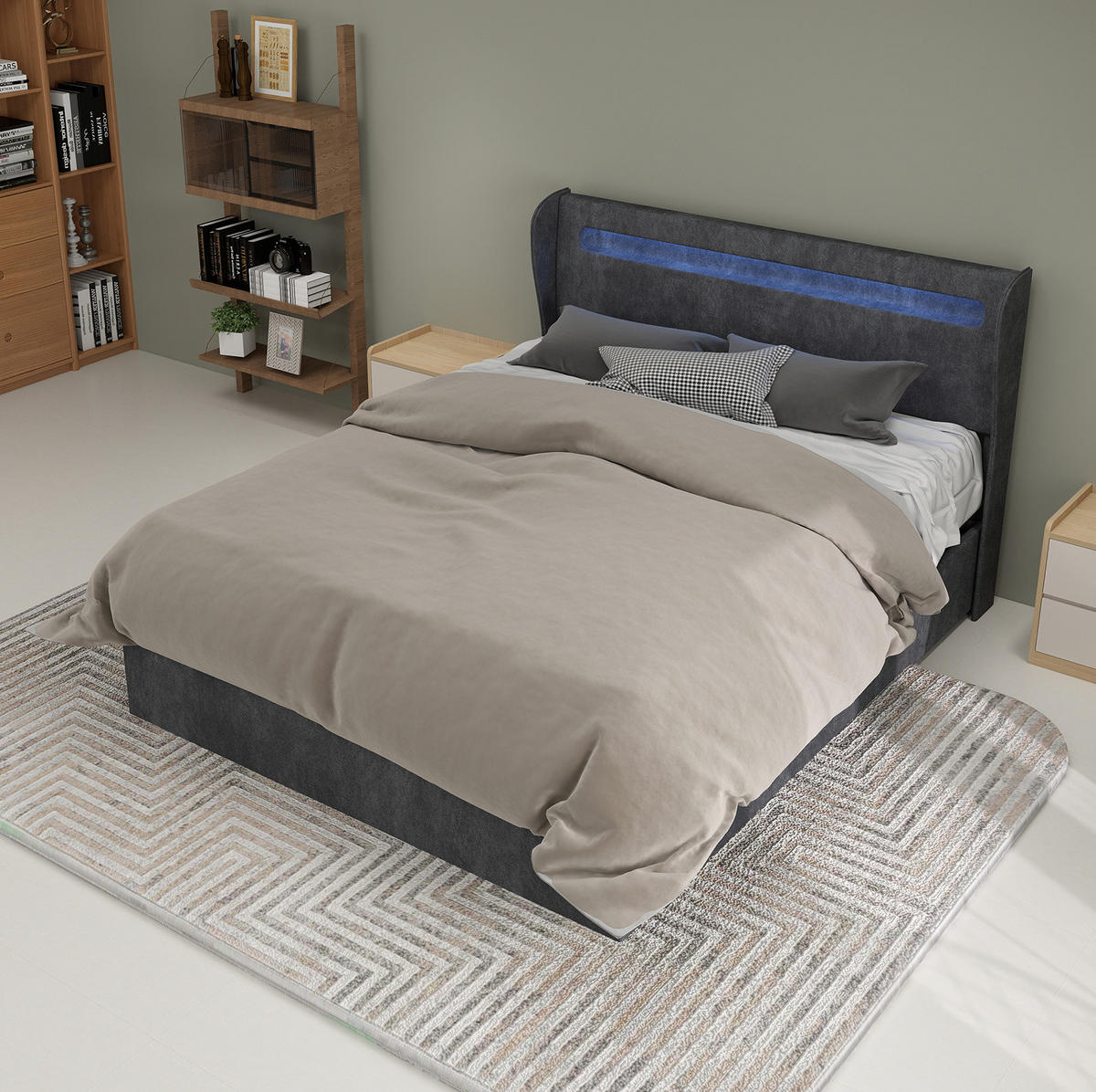 POLSTERBETT 140/200 cm grau aus Stoff und Metall mit LED und verstellbarem Kopfteil - Grau, Textil (140/200cm) - OKWISH