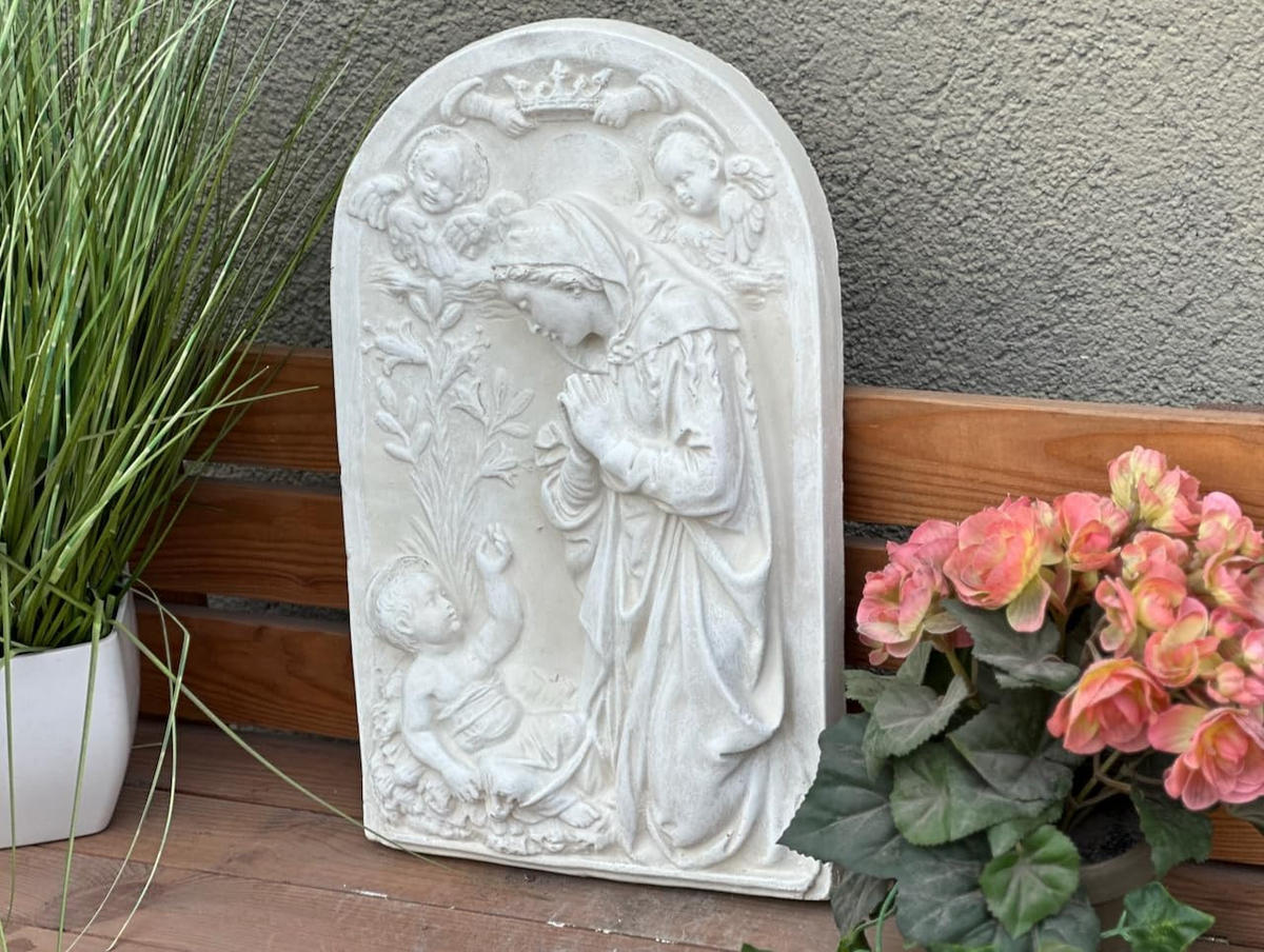 STEINFIGUR Wand Ikone Maria und Jesus, Steinguss Weißbeton - Weiß, Stein (25/3/40cm) - stoneandstyle