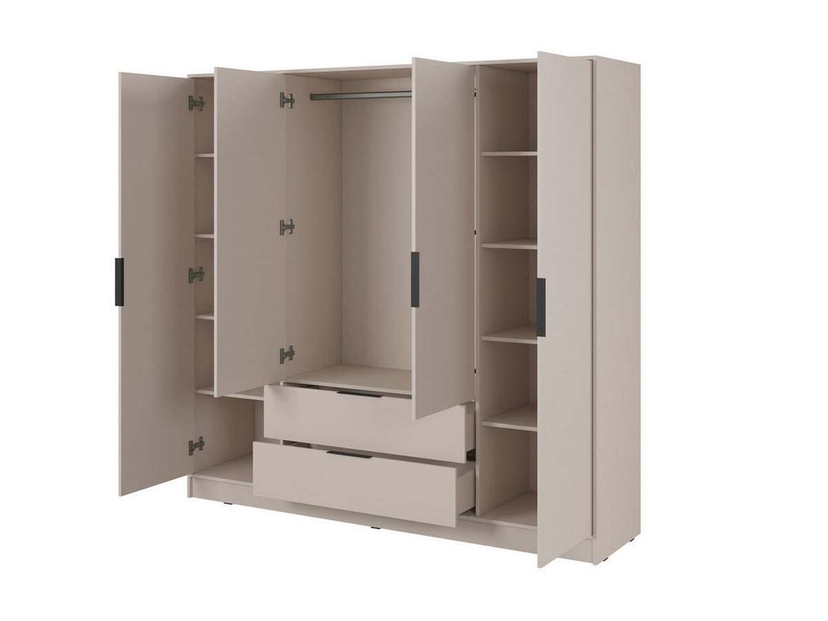 GROSSER Kleiderschrank RICADI 4D (Kaschmir, 4 Türen, 2 Schubladen, Kleiderstange, Kunststoffgriffe) - Kaschmir/Schwarz, Holz/Holzwerkstoff (206/200/51cm) - Ravio