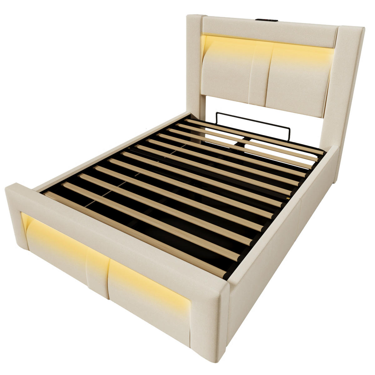POLSTERBETT 90/200 cm mit LED, USB- und Type-C-Anschlüssen, hydraulischem Stauraum und Samtbezug, Beige - Beige, Holz (90/200cm) - Redom