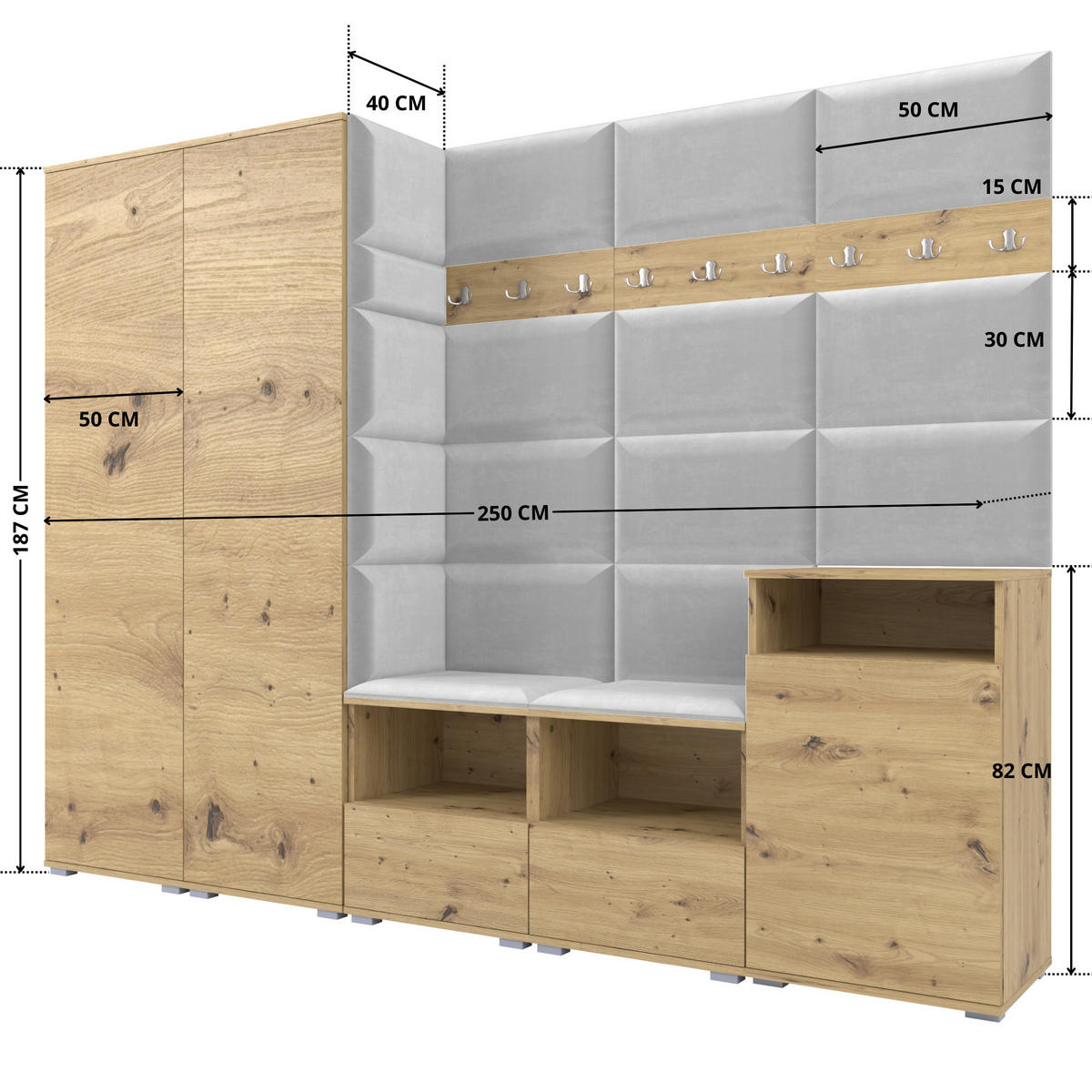 GARDEROBE NELA VIII 250 cm (Modulare Flurmöbel Artisan Eiche mit Sitzpolster Hellgrau 32 2 Schränke + Sideboard) - Silberfarben/Hellgrau, Holz/Holzwerkstoff (250/187/40cm) - Ravio