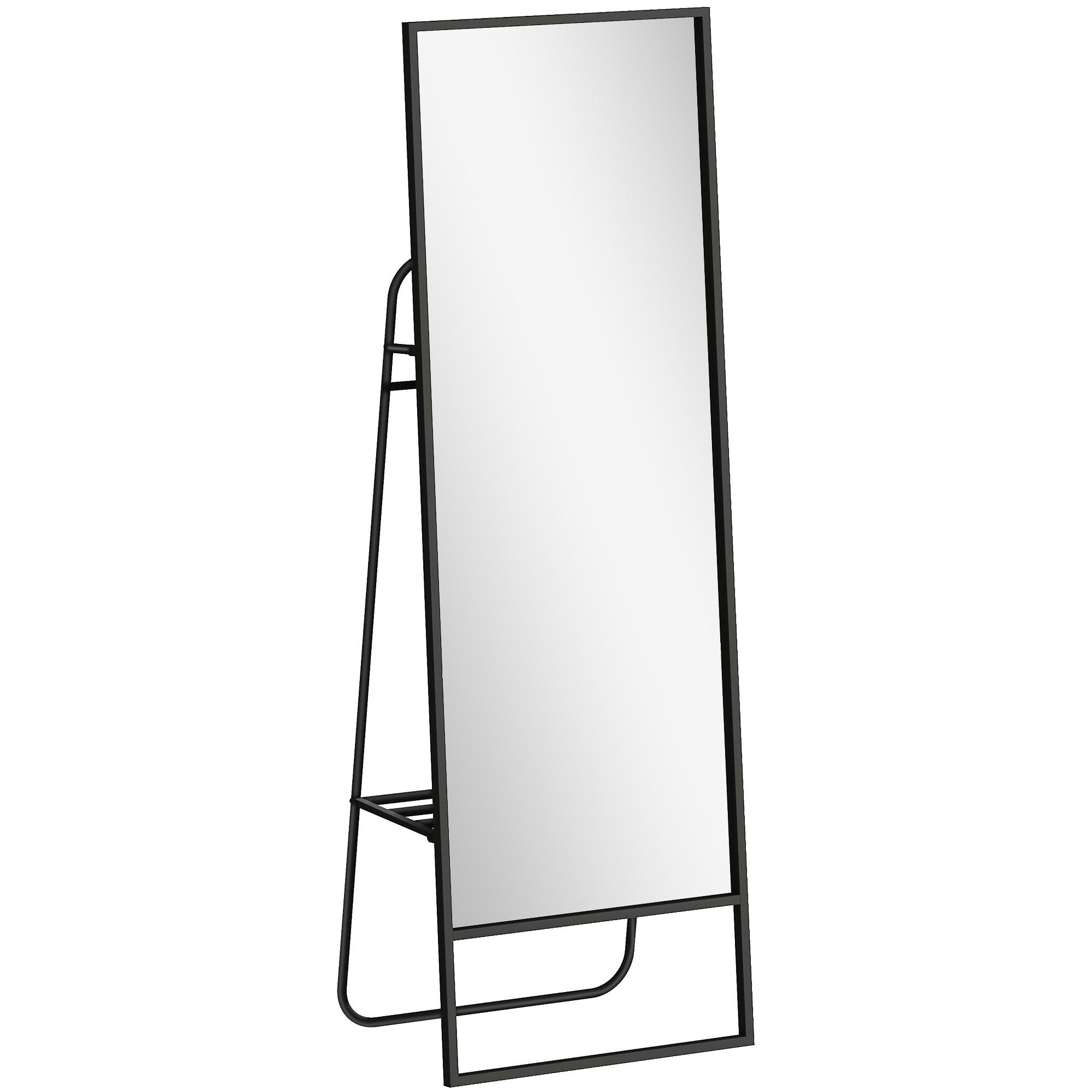 GANZKÖRPERSPIEGEL 157 x 50 cm Rechteckig Standspiegel mit Regal, 2 Haken Schwarz - Schwarz, Metall (38/157/50cm) - HOMCOM