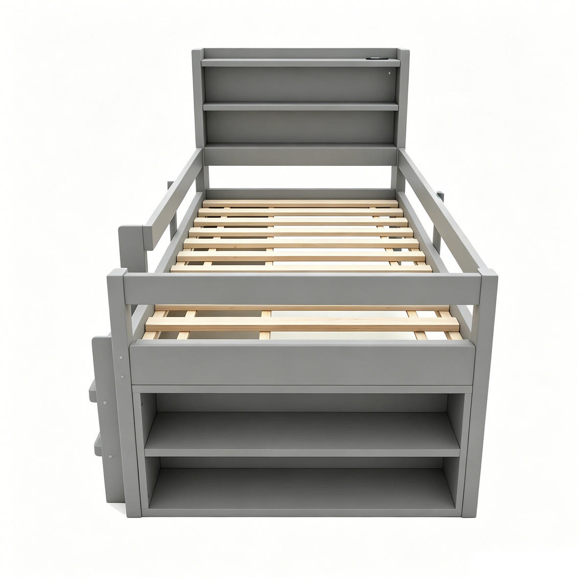 HOCHBETT 90/200 cm in Grau aus Holz mit LED, USB, Stauraum und Schutzgittern - Grau, Holz/Holzwerkstoff (90/200cm) - WISHDOR