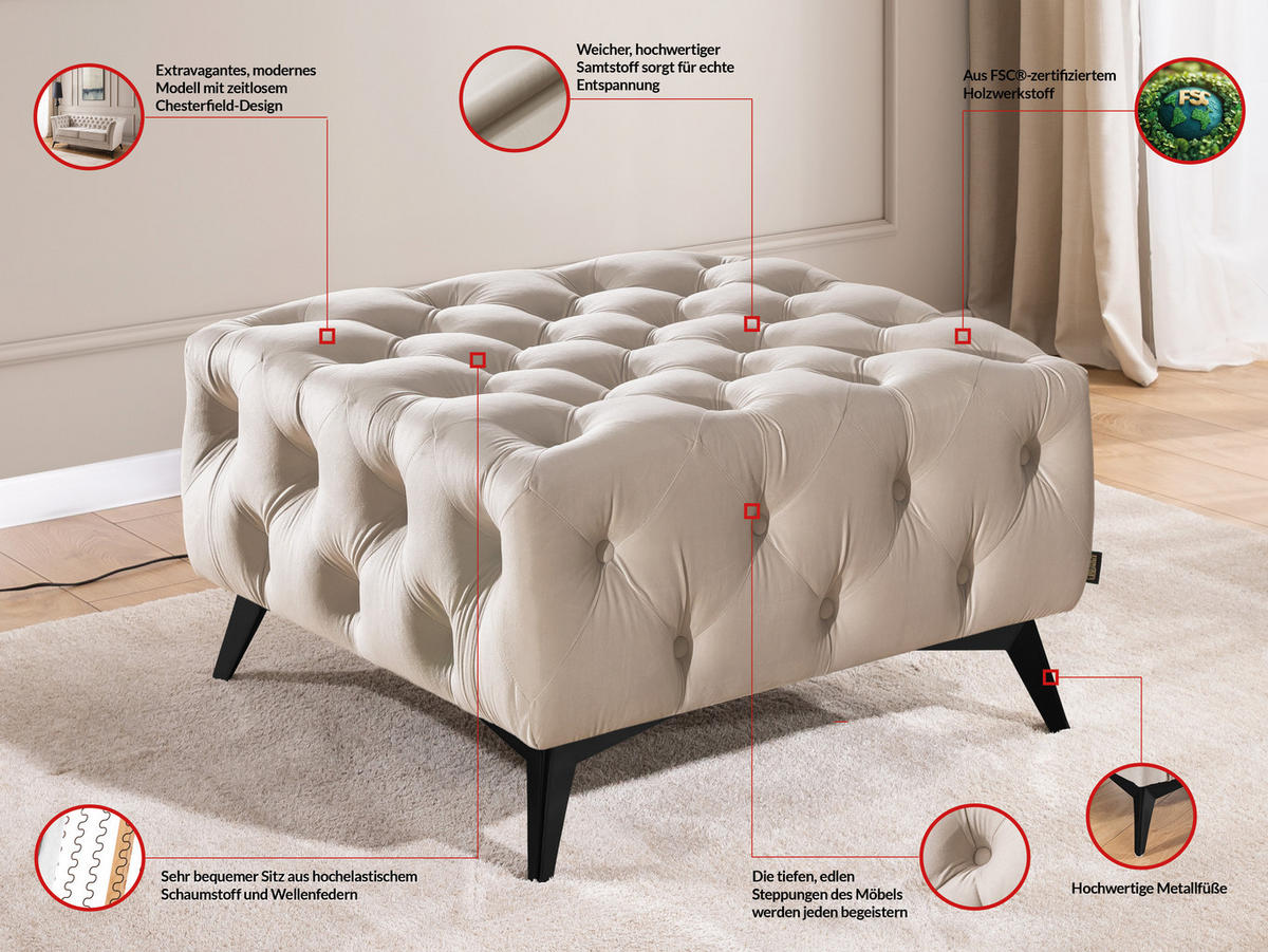 HOCKER Chesterfield Whitby Beige Samt mit schwarzen Füßen - Beige/Schwarz, Holz/Textil (80/45/80cm) - S-Style Möbel