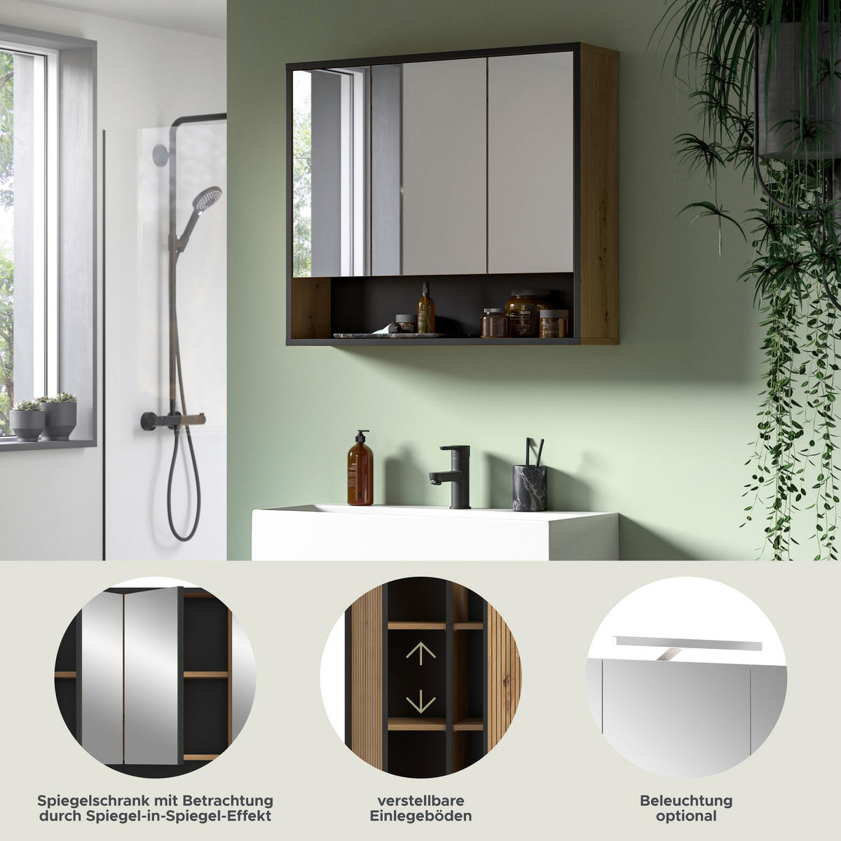 SPIEGELSCHRANK Klara (B/H/T: ca. 80/68/19 cm) in Artisan Oak Nachbildung/Artisan Oak Nachbildung - Eiche Artisan, Holzwerkstoff (80/68/19cm)