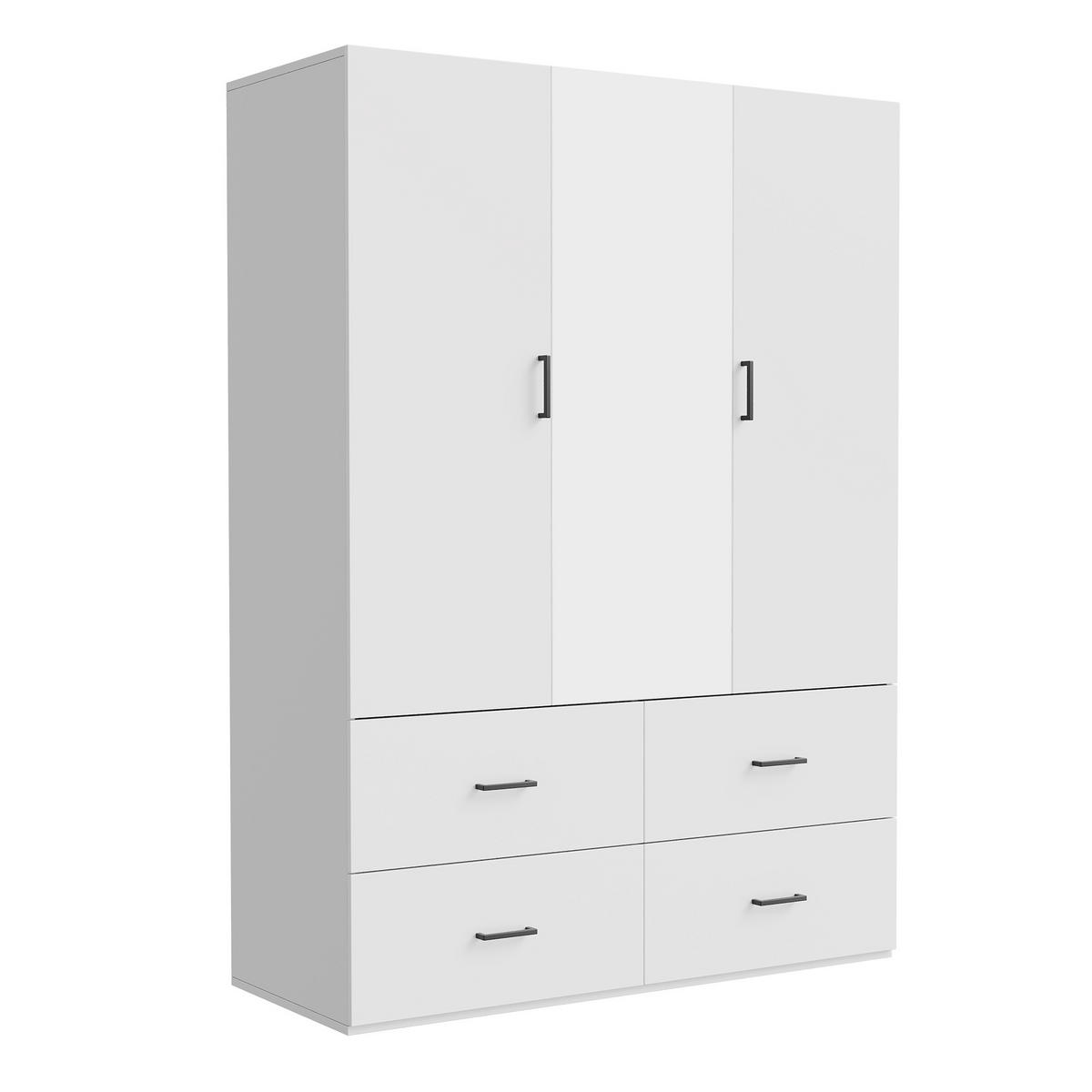 KLEIDERSCHRANK 3 Türen, Spiegel, 4 Schubladen, integrierte Kleiderstange, 130x51,8x181,5 cm, weiß - Weiß, Holz (130/181.5/51.8cm) - EuroLiving
