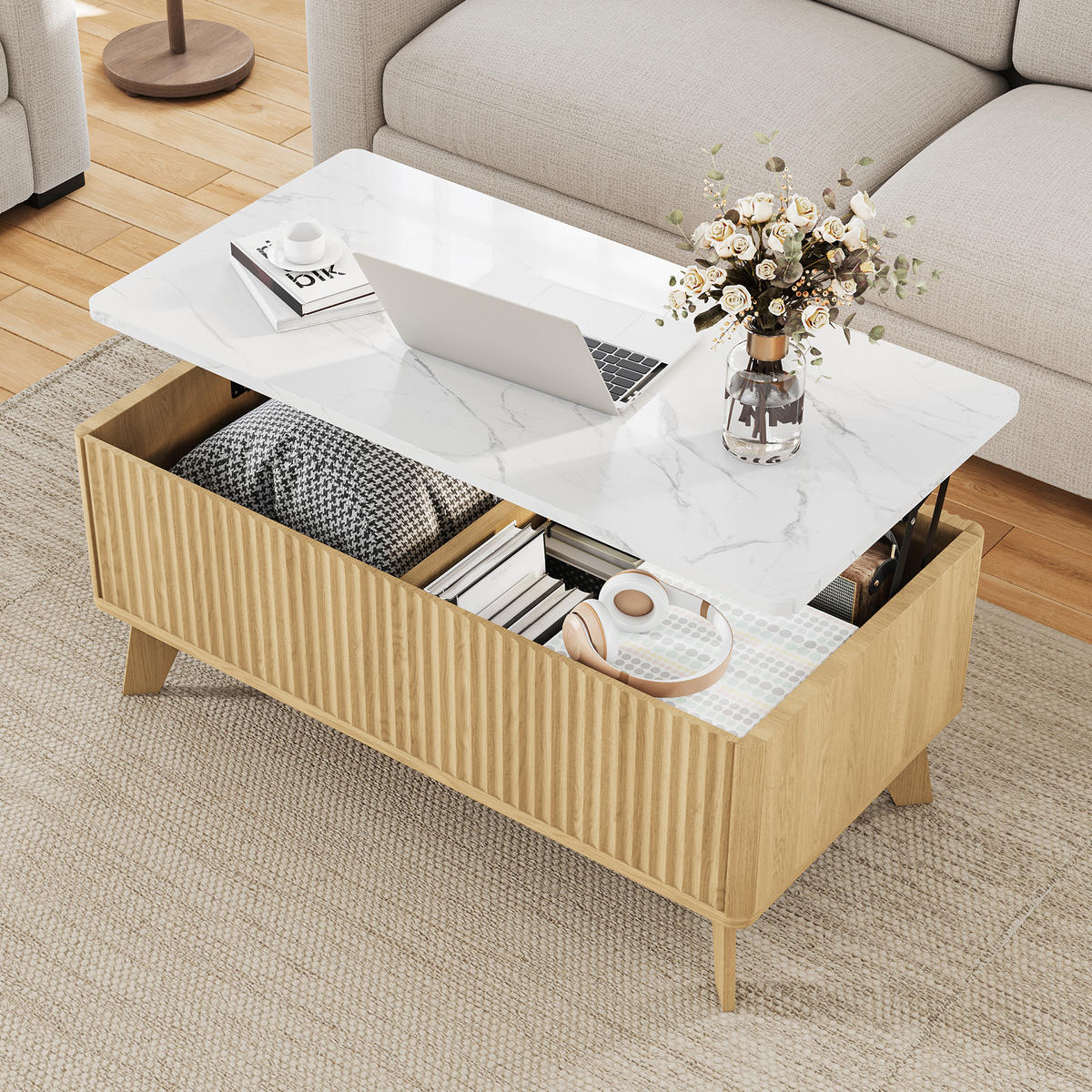 COUCHTISCH HOLZOPTIK klappbar mit verstecktem Aufbewahrungsfach - Eichefarben, Holz (105/32/42cm) - SHOPENTRA