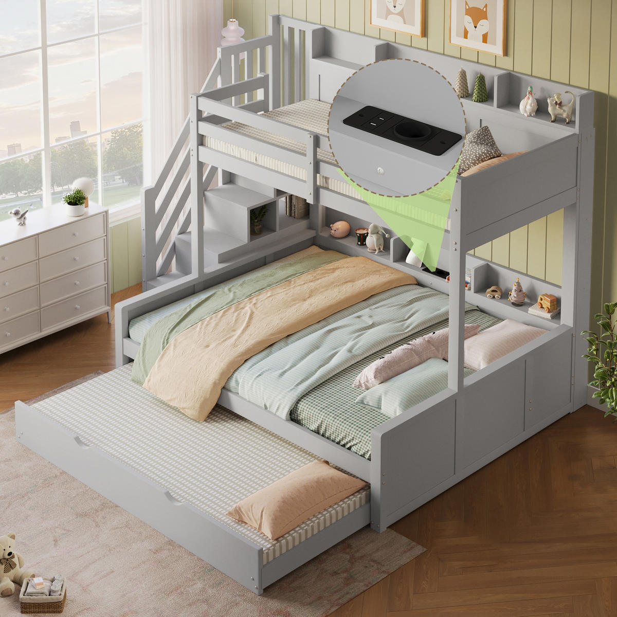 ETAGENBETT 140x200 cm mit Ausziehbett, Grau - Grau, Holz (140/200cm) - KOMHTOM