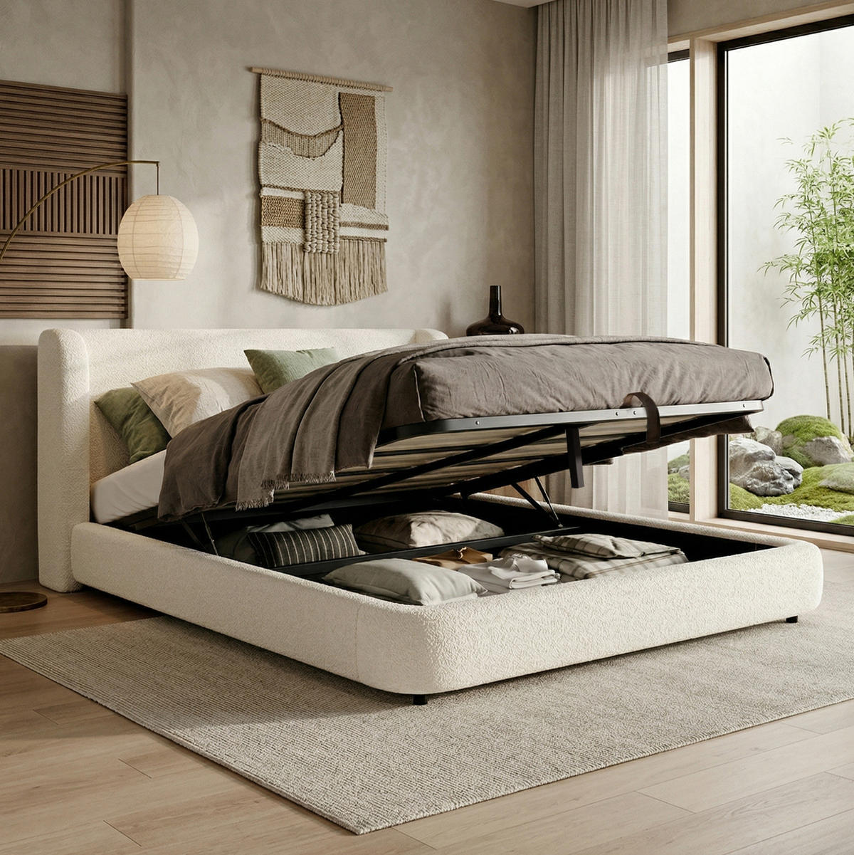 POLSTERBETT 180/200 cm mit Lattenrost, hydraulischem Bettkasten und waschbarem Kopfteilbezug, Beige - Beige, Textil (180/200cm) - Redom