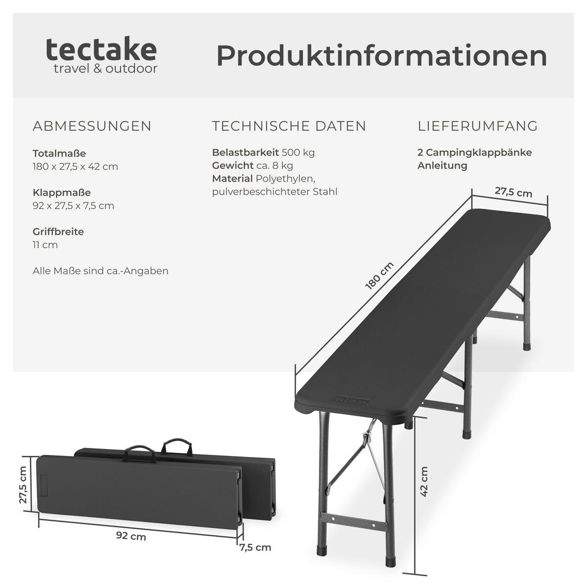 CAMPINGKLAPPBANK 2er Set Panja, gummierte Tragegriffe, anthrazit - Anthrazit, Kunststoff (180/42/27.5cm) - tectake
