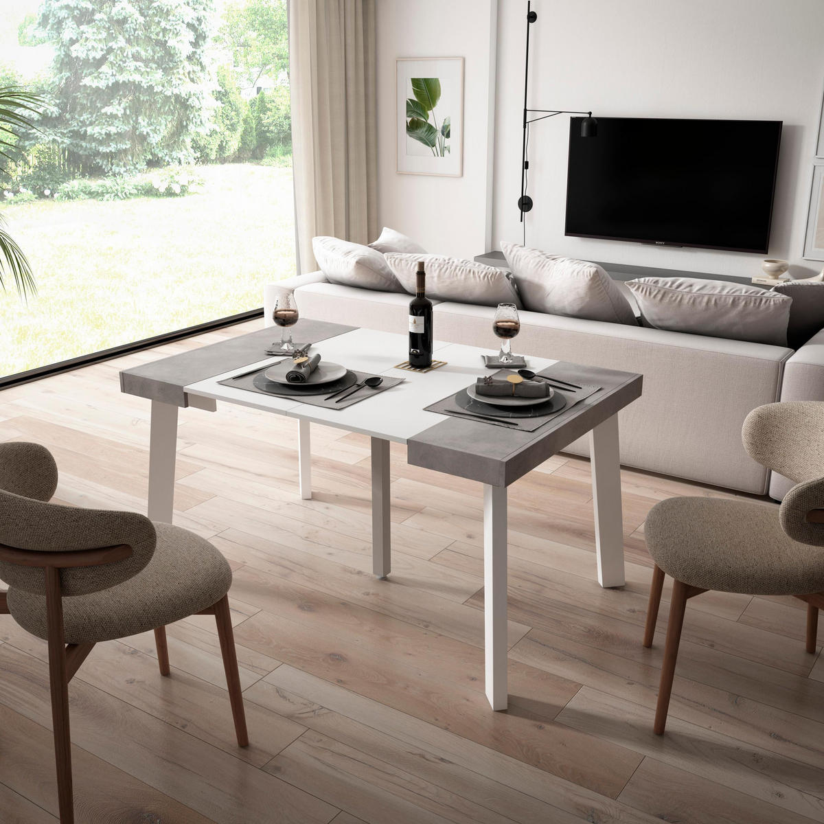 KONSOLENTISCH ausziehbar 58 bis 140cm, für 6 Gäste, weiß zementgrau, 90/58/73cm - Weiß/Grau, Holzwerkstoff (90/140/73cm) - Skraut Home