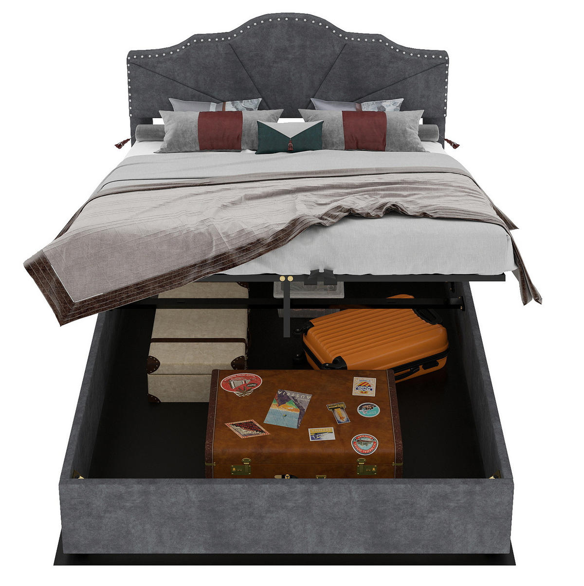 POLSTERBETT 140/200 cm grau aus Stoff und Metall mit Bettkasten - Grau, Textil (140/200cm) - OKWISH