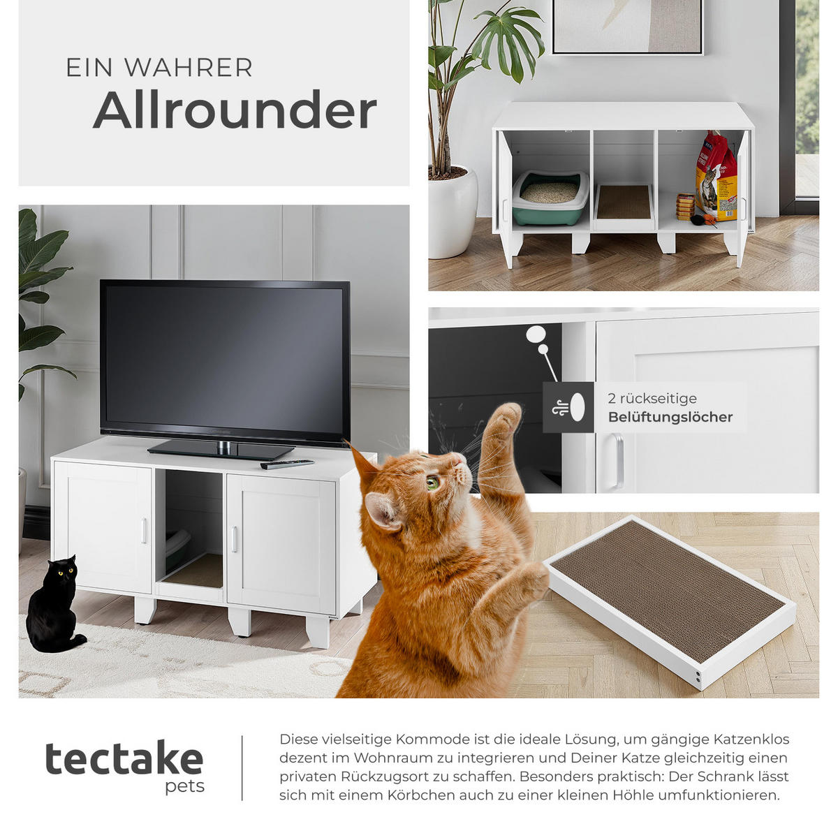 KATZENSCHRANK Freya,inklusive Kratzmatte, 120 x 52 x 65 cm,weiß - Weiß, Holz (120/65/52cm) - tectake