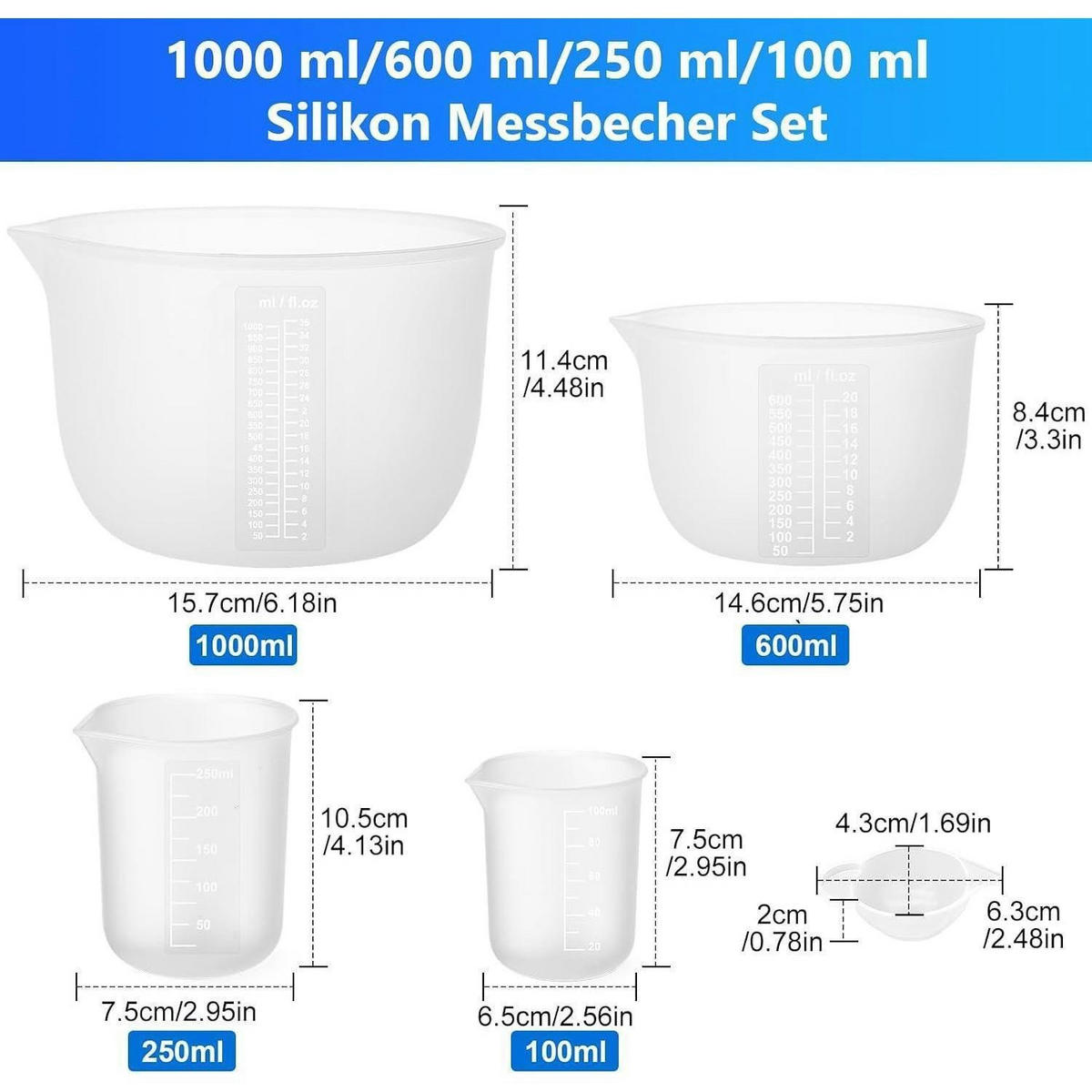 MESSBECHER Set 4-teilig Silikon mit Zubehör - Blau, Kunststoff (1L)