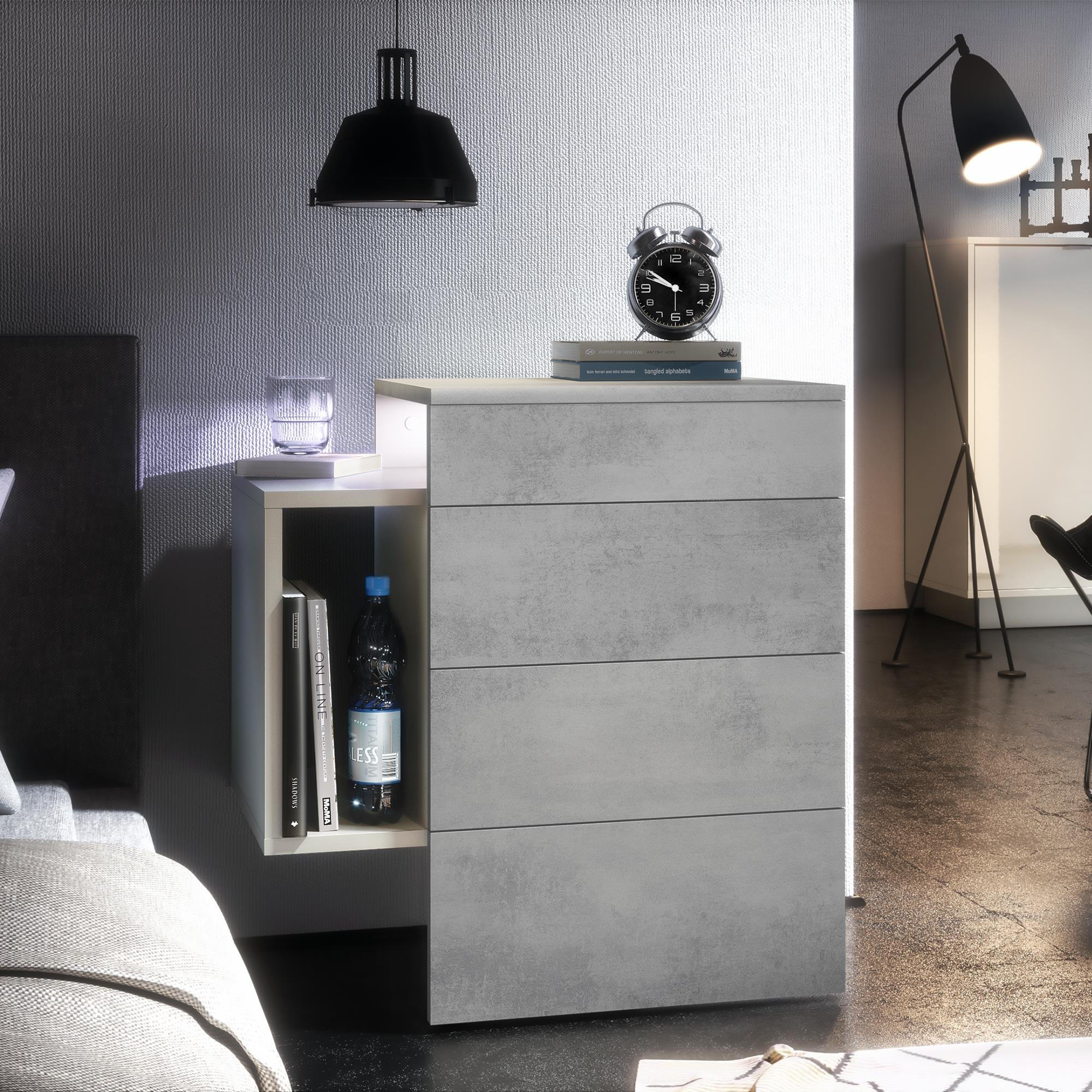 NACHTTISCH Queens Front in Beton Oxid Optik - Hellgrau, Holzwerkstoff (60/63/36cm) - Vladon