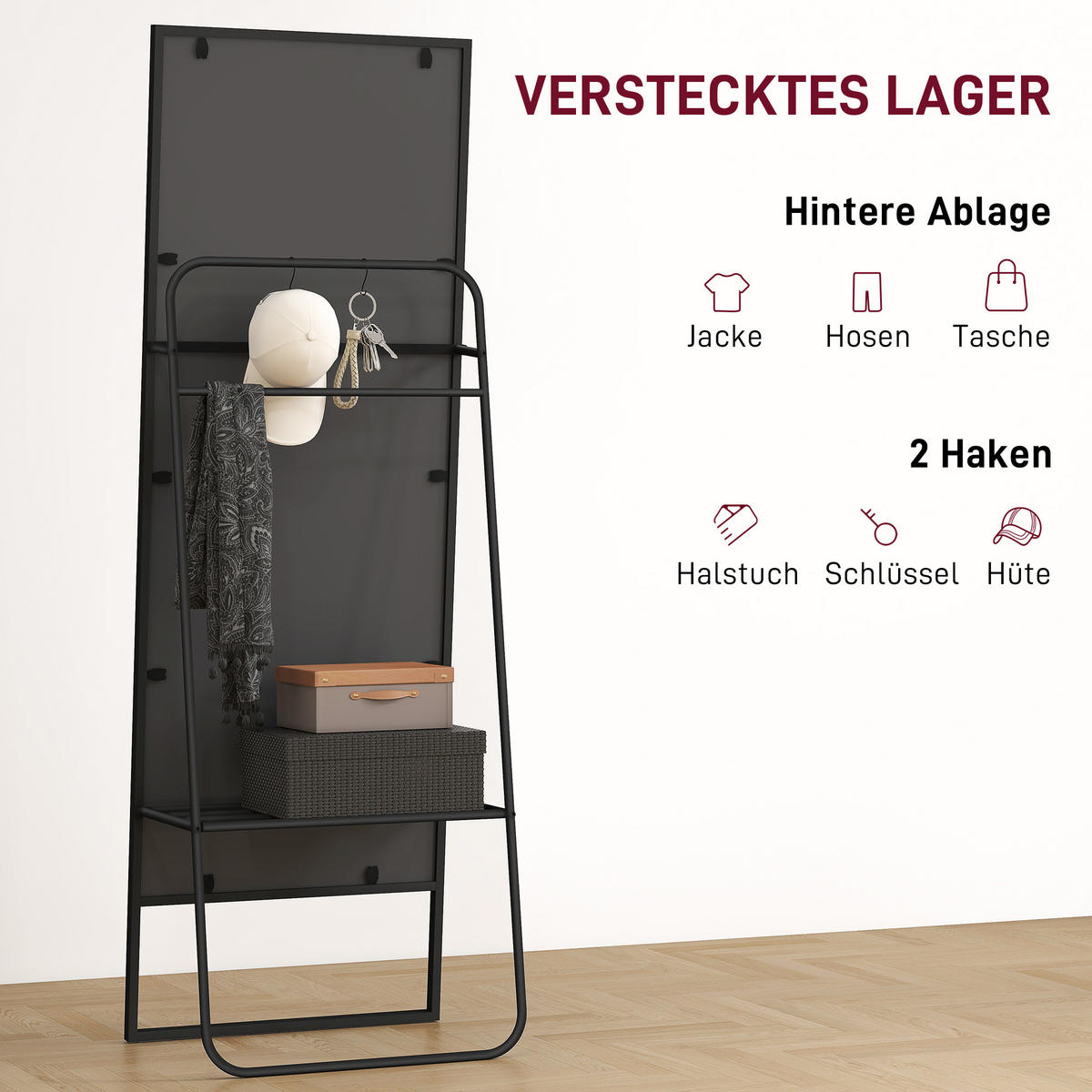 GANZKÖRPERSPIEGEL 157 x 50 cm Rechteckig Standspiegel mit Regal, 2 Haken Schwarz - Schwarz, Metall (38/157/50cm) - HOMCOM