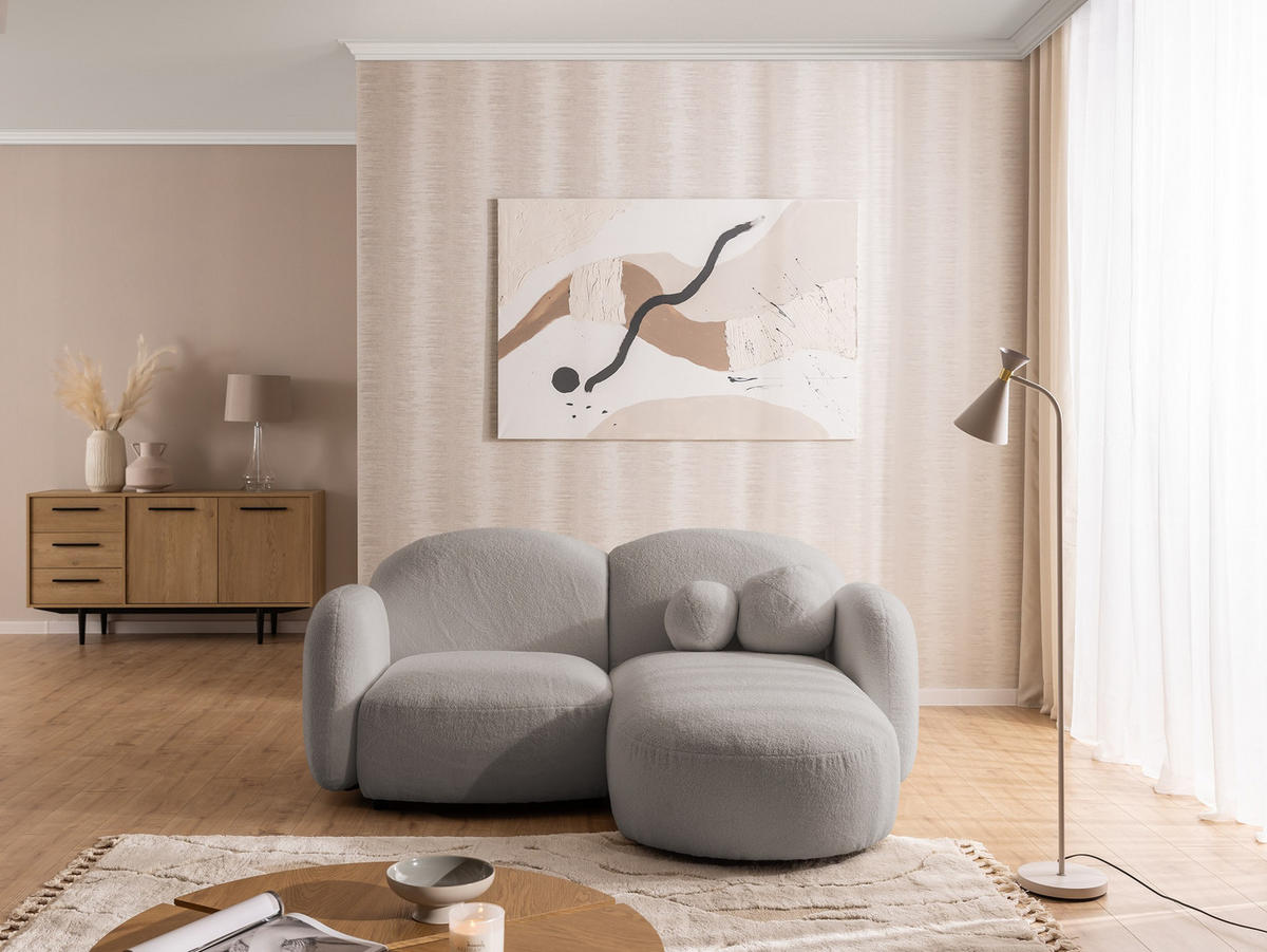 ECKSOFA Nuvola mit abgerundetem Design Hellgrau Bouclé-Stoff - Ottomane Rechts - Hellgrau/Schwarz, Holz/Kunststoff (190/146cm) - S-Style Möbel