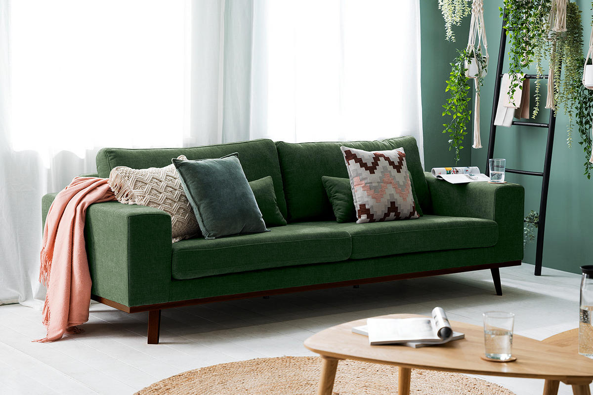 3-SITZER SOFA - Dunkelgrün/Buchefarben, Buchenholz/Textil (237/81/88cm) - home24