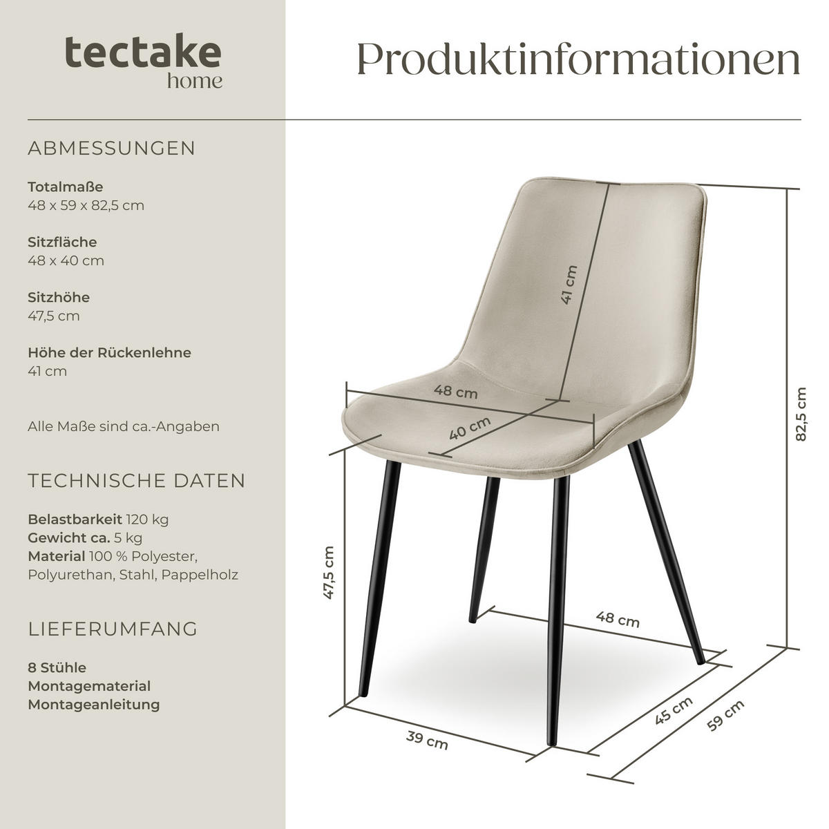 STUHL 8er Set Monroe 48 x 59 x 82 5 cm creme - Creme, Kunststoff (48/82.5/59cm) - tectake