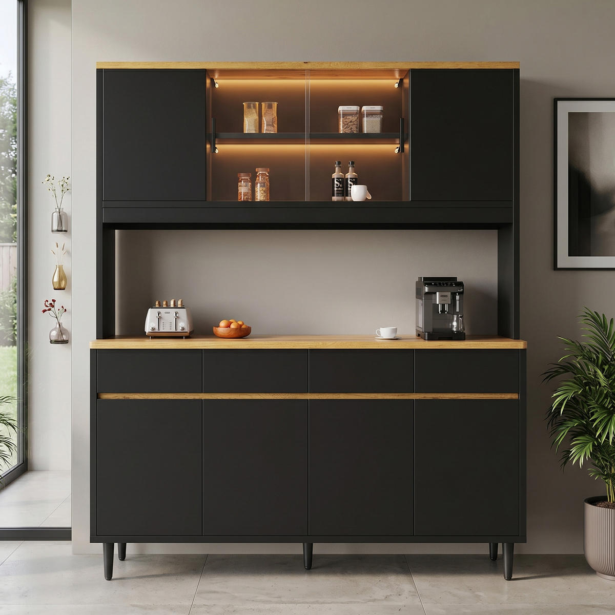 BUFFET mit LED Lichtleiste Steckdose USB-C USB-A Schwarz Eiche 160/40/185 cm - Schwarz, Holzwerkstoff (160/185/40cm) - EVRYAE