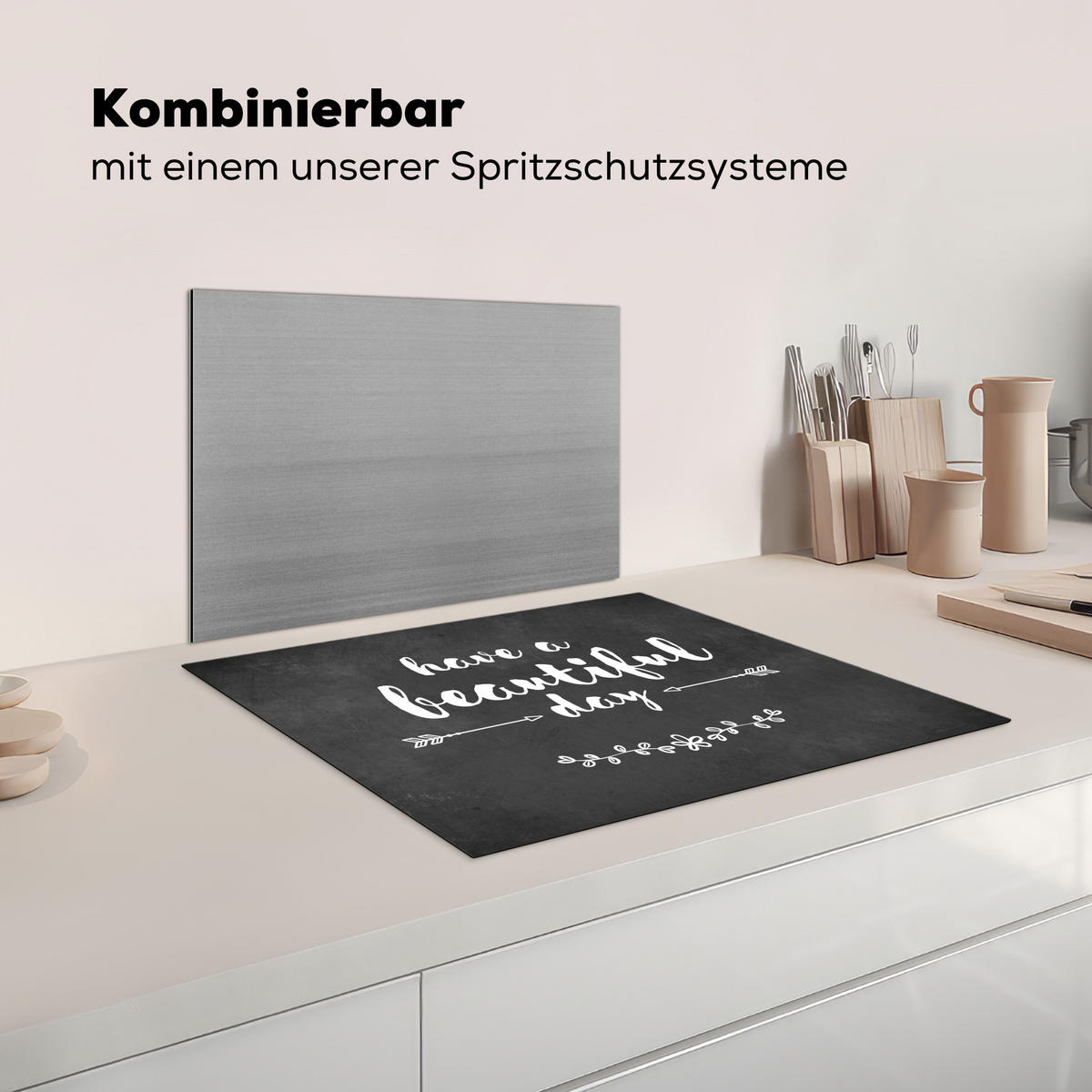 HERDABDECKPLATTE Zitat - Einen schönen Tag - Grau - Weiß Herdabdeckung Induktionsfeld 65x52 cm - Anthrazit, Kunststoff (65/52/0.2cm) - MuchoWow
