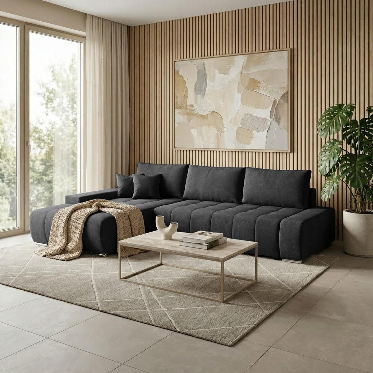 ECKSCHLAFSOFA Draco L Anthrazit - Anthrazit/Silberfarben, Textil/Metall (267/186cm) - Beautysofa