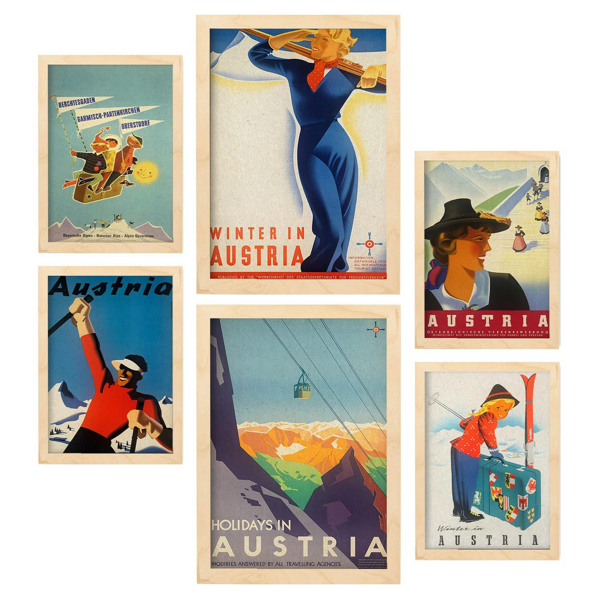 POSTER Set Mit 6 Vintage Österreich Größe A3 & A4 Rahmen aus hellem Holz - Beige, Papier (29.7/1cm) - Nacnic
