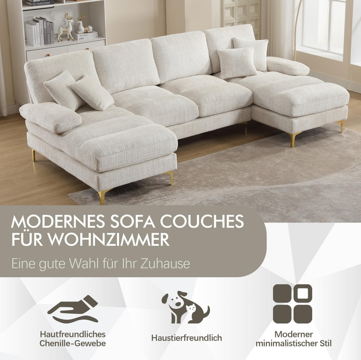 WOHNLANDSCHAFT U-Form Chenille mit 2 Liegeflächen 272/136/88 cm Beige - Beige, Textil/Metall (136/88/272cm) - Redom