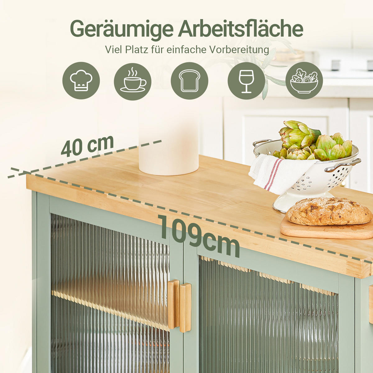 KÜCHENINSEL mit Bremsrollen, 110 x 92 x 40 cm, Weinregal, Glastüren, 2 Schubladen, Grün - Grün, Naturmaterialien/Holz (109/92/40cm) - SoBuy