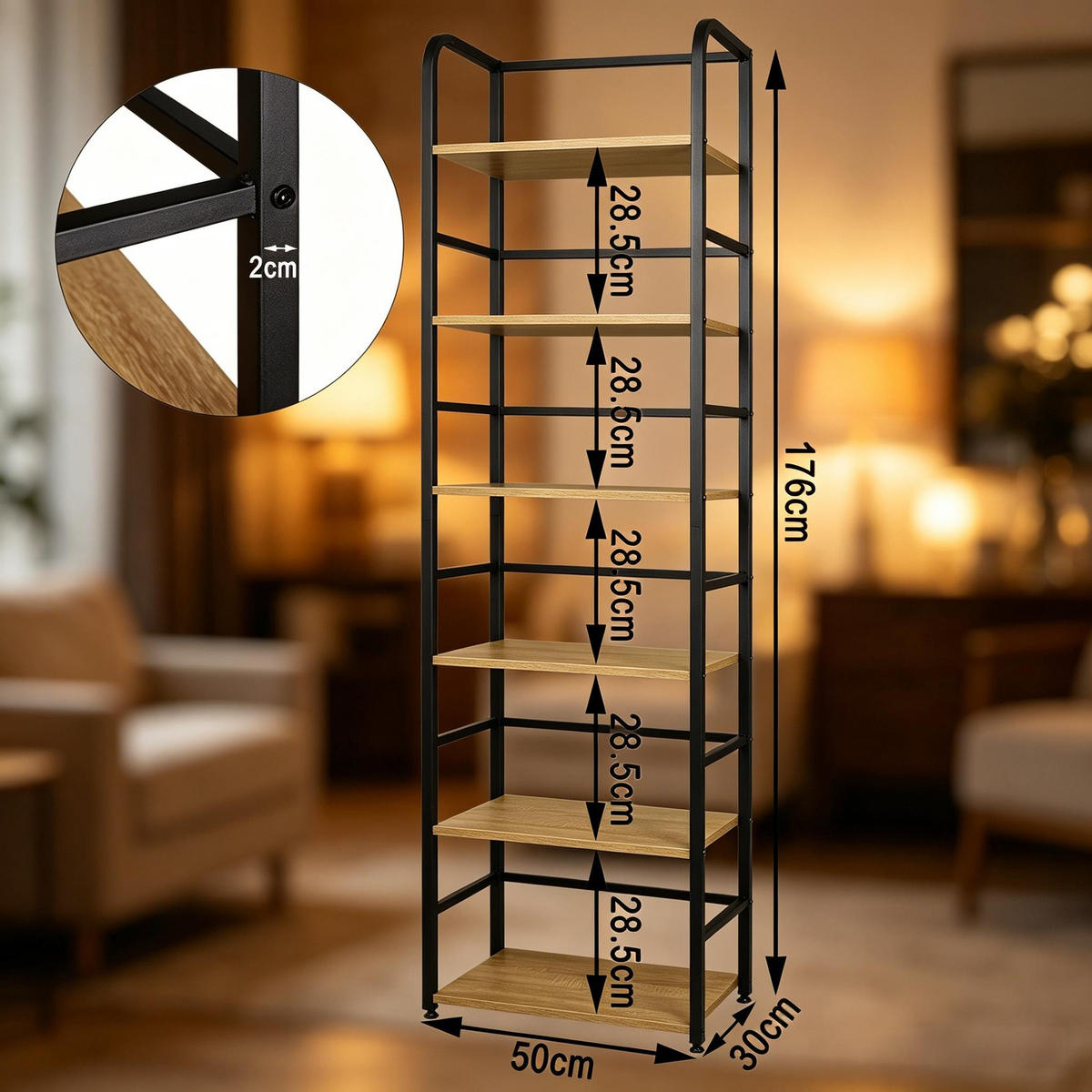 BÜCHERREGAL Schwarz/Eichefarben 6 Ablageflächen 50/30/176 cm - Schwarz, Holzwerkstoff (50/176/30cm) - PANGIVO