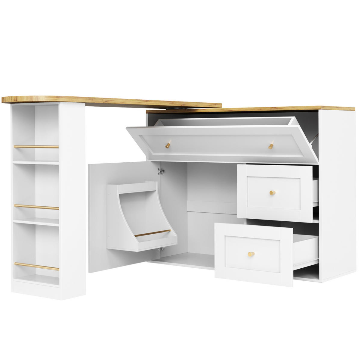 BARTISCH aus MDF mit Stauraum & 360°-Drehplatte, ausziehbar 138-204/39/105 cm, Weiß - Weiß, Holzwerkstoff (39/105/138cm) - Redom