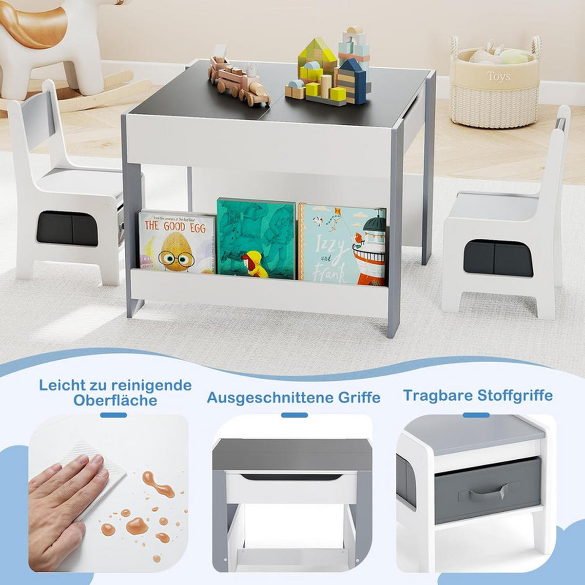 KINDERTISCH mit Stuhl grau(3-tlg) - Grau, Holzwerkstoff (61.5/48/61.5cm) - COSTWAY