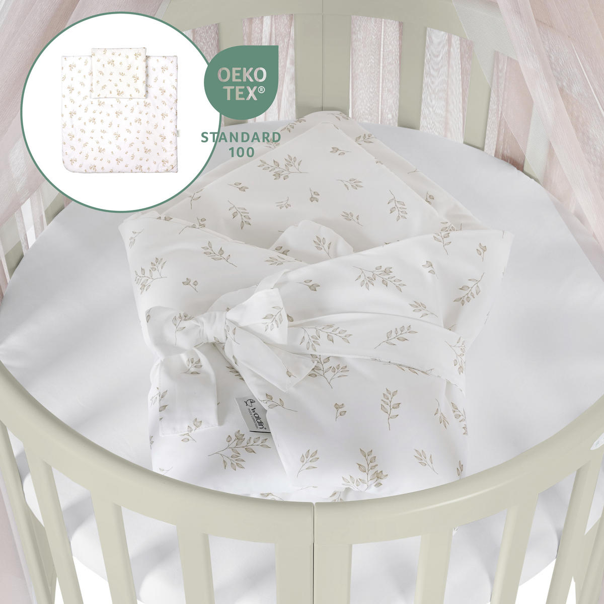 BABYBETT OLIVE OVAL 7in1 mit Matratze und Himmelset - Taupe/Olivgrün, Holz/Textil